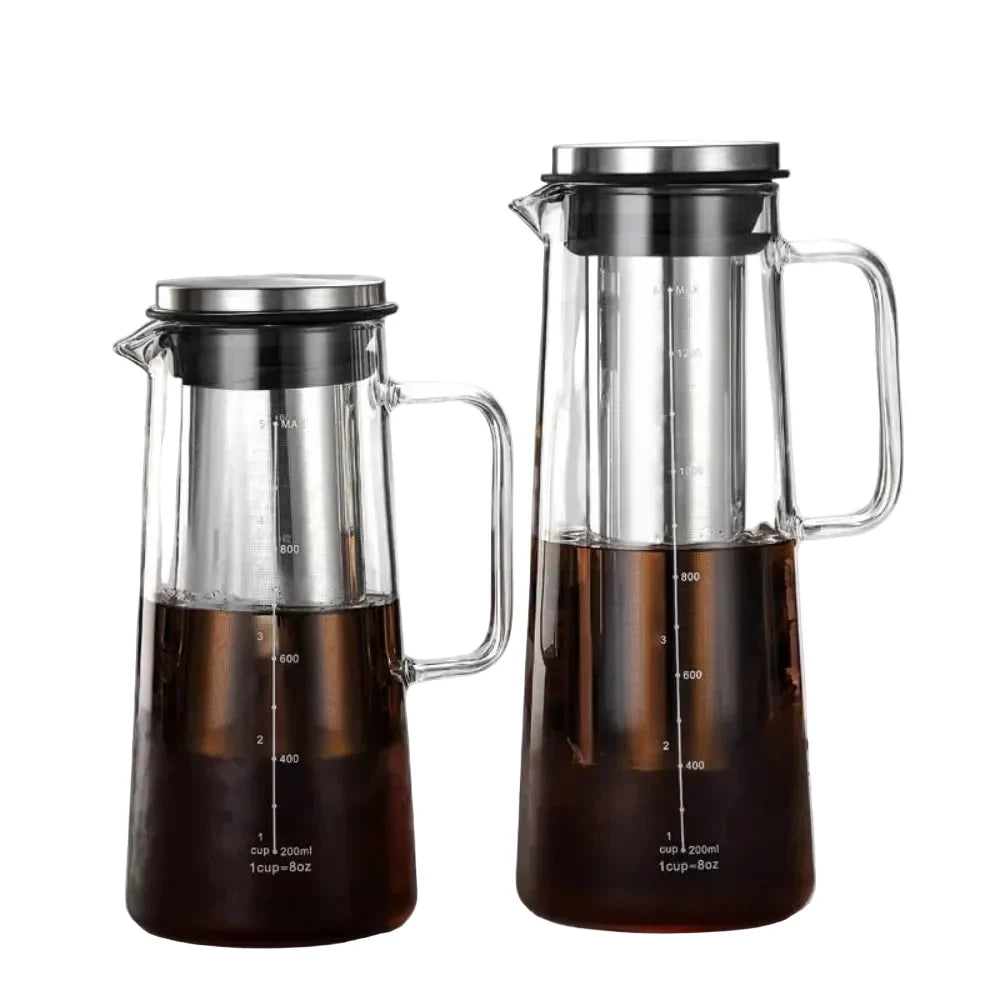 Kaltbrüh-Karaffe aus Borosilikatglas mit Edelstahlfilter – 1000 ml / 1400 ml Kaffee-, Tee- und Getränkekaraffe für den Kühlschrank