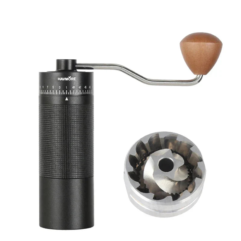 Tragbare manuelle Kaffeemühle mit 38 mm Kegelmahlwerk – Aluminiumgehäuse, einstellbarer Mahlgrad