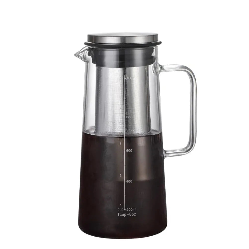 Kaltbrüh-Karaffe aus Borosilikatglas mit Edelstahlfilter – 1000 ml / 1400 ml Kaffee-, Tee- und Getränkekaraffe für den Kühlschrank