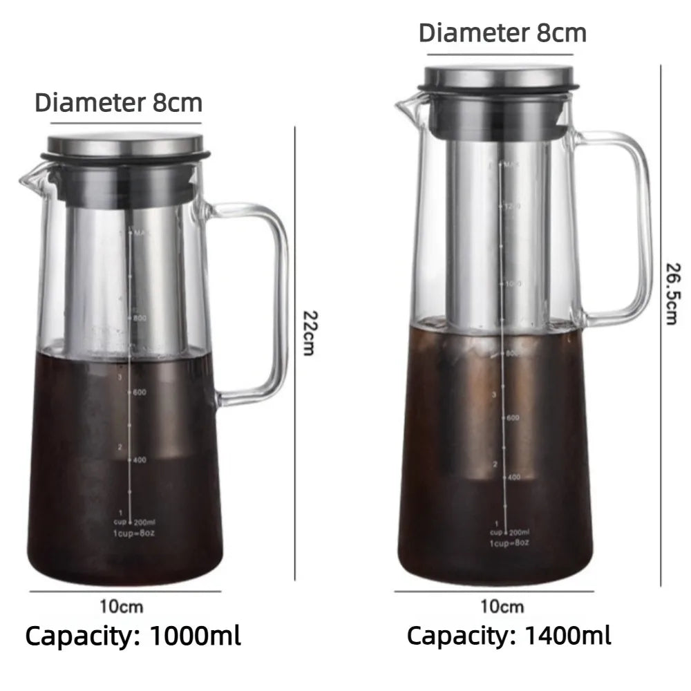 Kaltbrüh-Karaffe aus Borosilikatglas mit Edelstahlfilter – 1000 ml / 1400 ml Kaffee-, Tee- und Getränkekaraffe für den Kühlschrank
